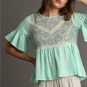 Umgee Mint Green Babydoll Blouse with Lace Detail